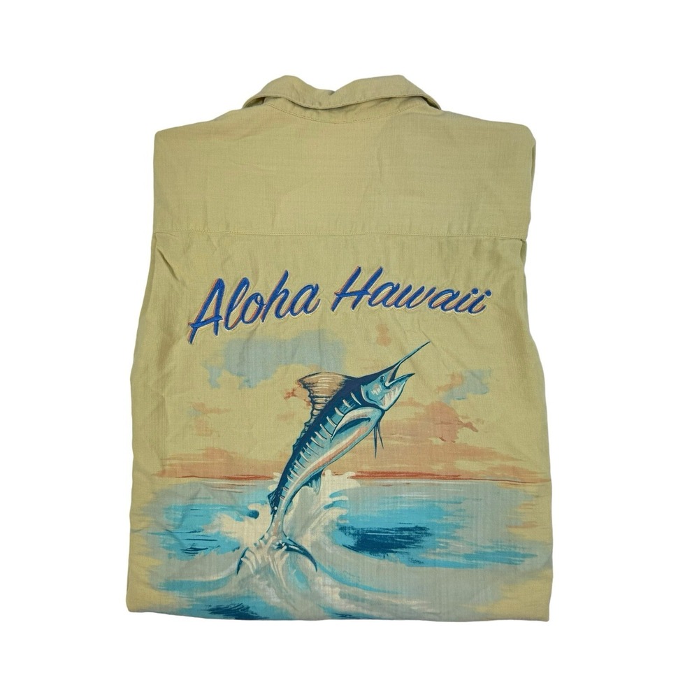 Tommy Bahama Mens Yellow Silk Aloha Hawaii Marlin Embroidered Camp Shirt Size M